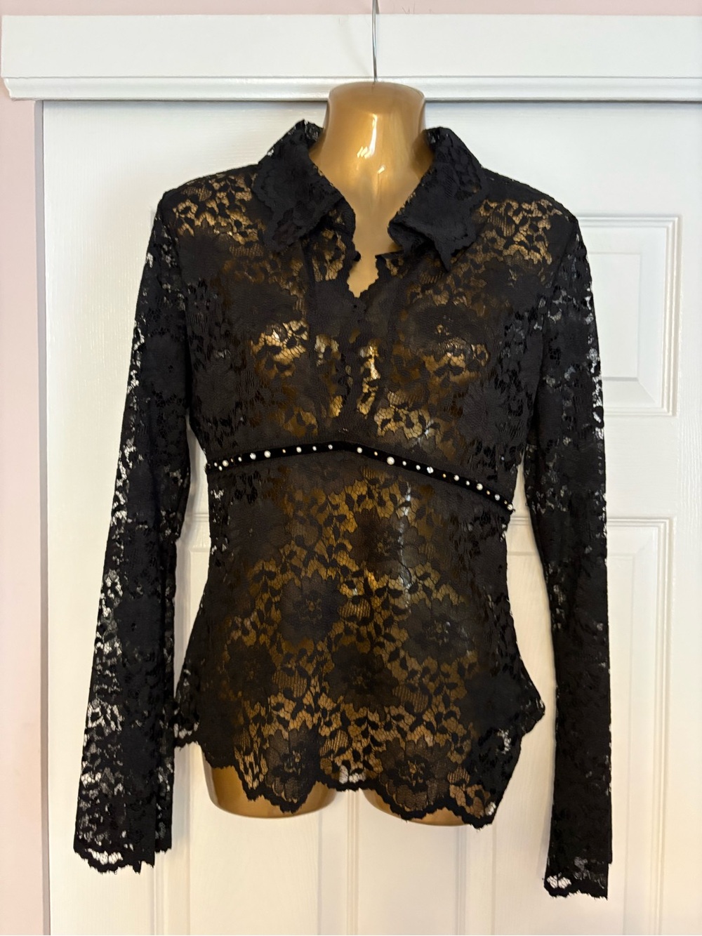 Moda International Black Sheer Lace Long-Sleeve Collared Blouse